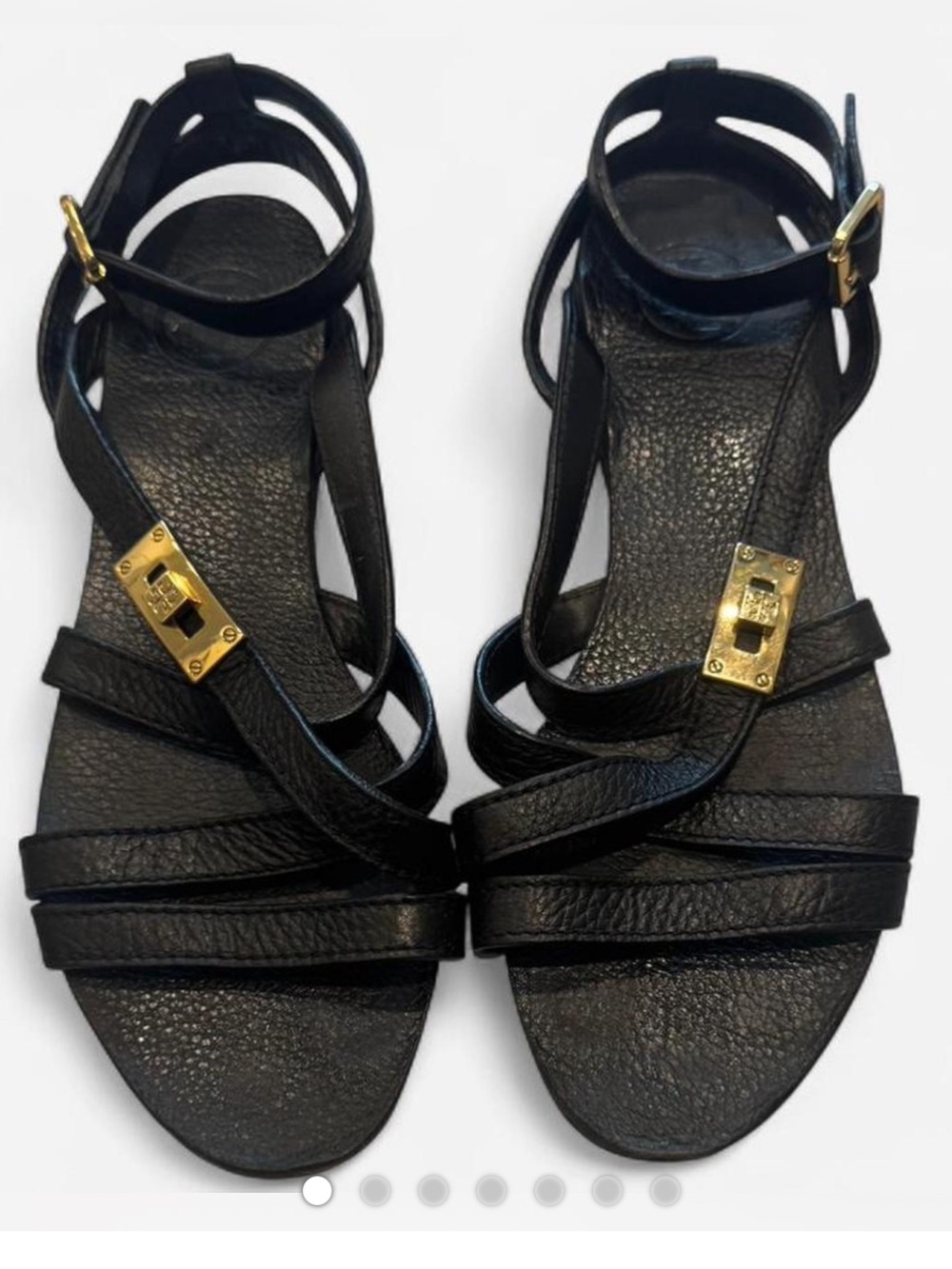 Black Leather Tory Burch Strappy Sandals with Gold Accent